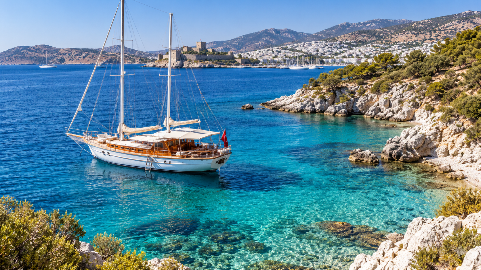 Bodrum kıyılarında turkuaz denizde tekne turu ve Ege koyları