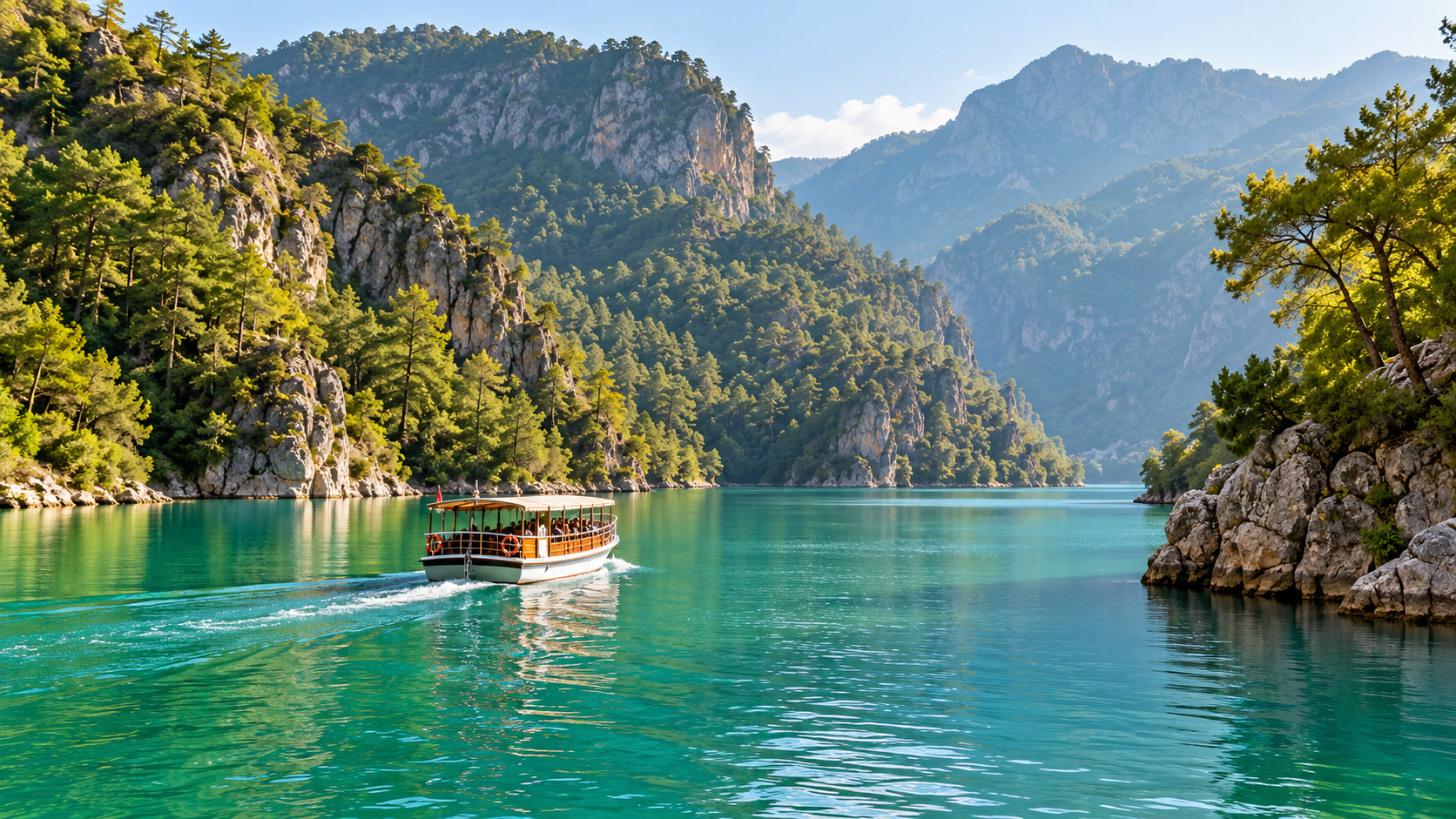 Side yakınındaki Yeşil Kanyon’da sakin göl ve kayalık kıyı manzarası