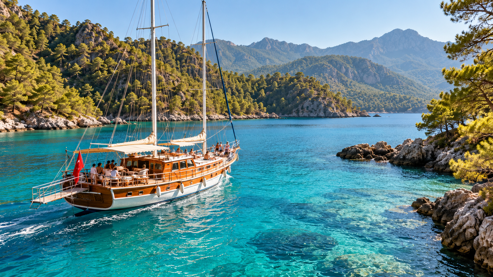 Marmaris koylarında ahşap gezi teknesi ve çam ormanlarıyla çevrili kıyı