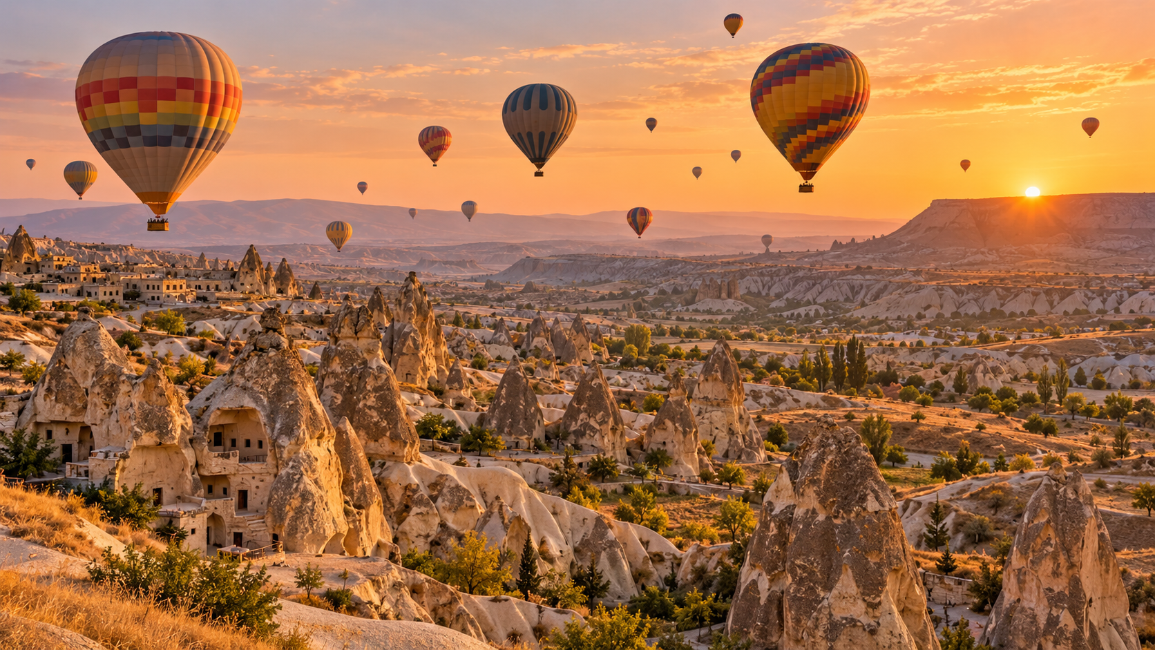 Kapadokya Göreme’de gün doğumunda peri bacaları üzerinde yükselen sıcak hava balonları