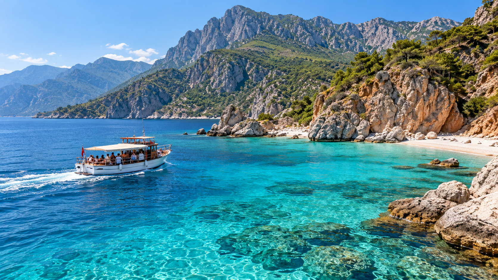 Kemer yakınlarında turkuaz kıyıda tekne turu ve Akdeniz dağları