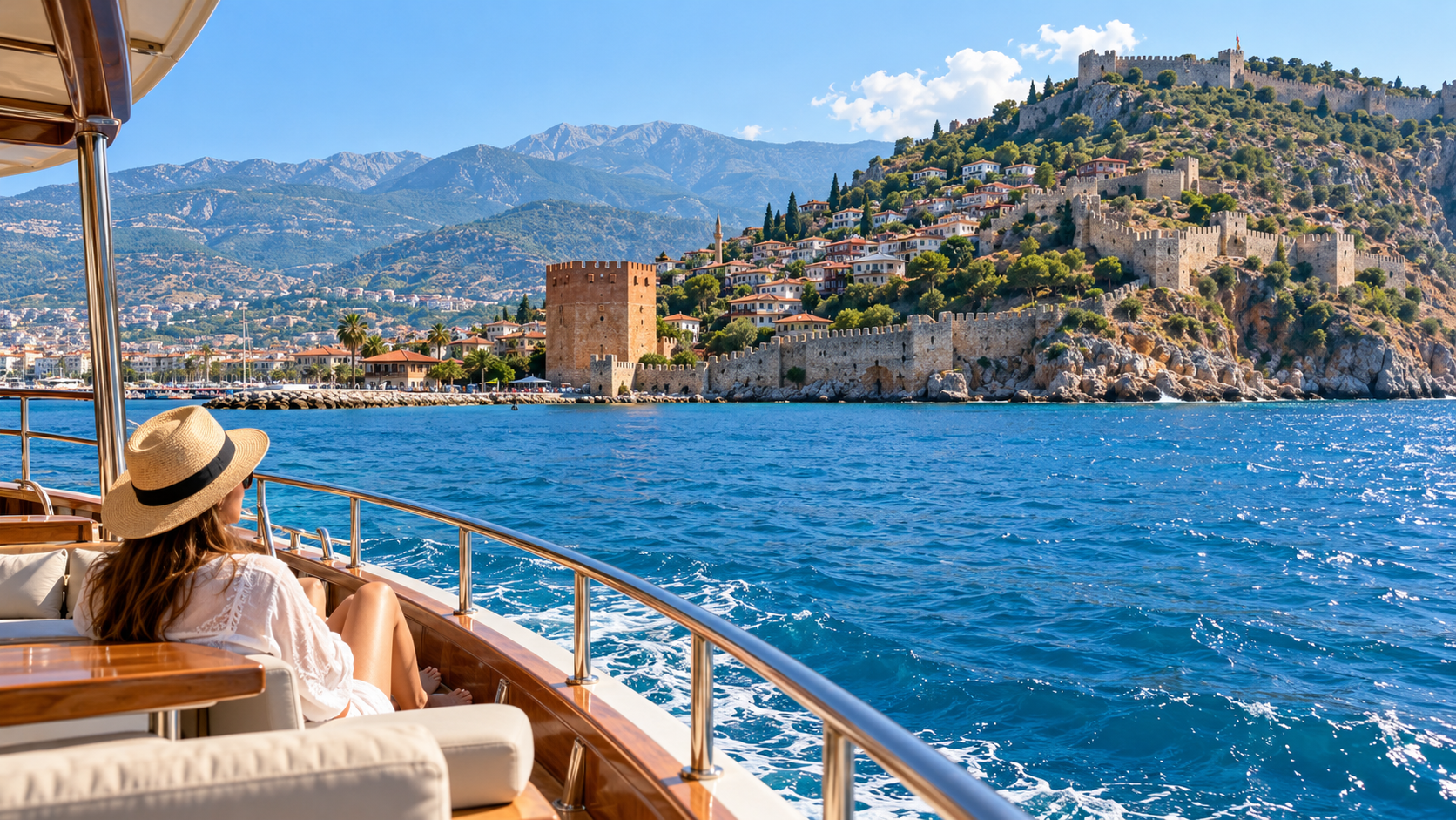Alanya kıyılarında turkuaz denizde gezi teknesi ve Akdeniz sahili